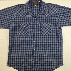 Plains Western Wear Shirt Mens Large Blue Plaid Pearl Snap Short Sleeve Excellen